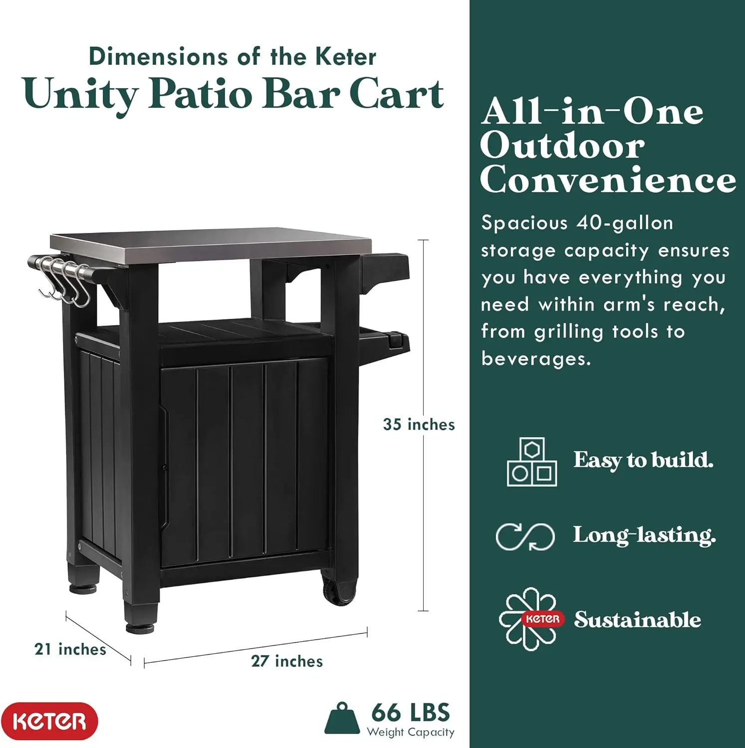 Unity 68-Gallon Outdoor Kitchen Cart – Weather-Resistant BBQ Prep & Serving Station with Stainless Steel Top and Rolling Wheels