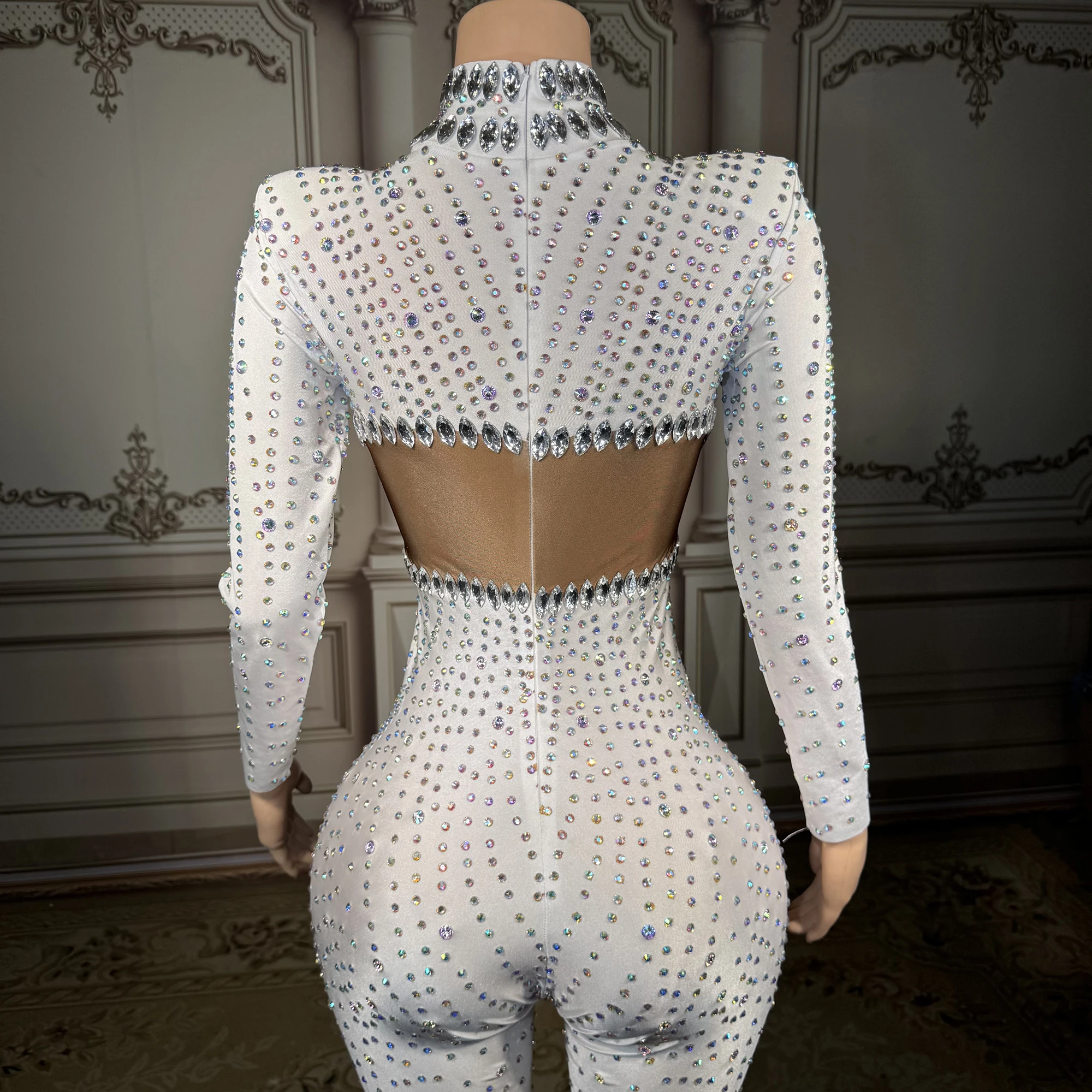 ZD Sexy Long Sleeves Stretch Rompers Club Party Showgirl Pole Dance Leotard Female One Piece Bodysuit Women Rhinestone Jumpsuit