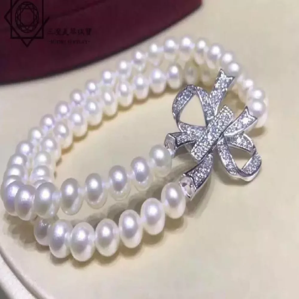 Natural 2-strand AAA 6-7mm 7-8mm 8-9mm South Sea white round pearl bracelet 7.5-8 inche 925s