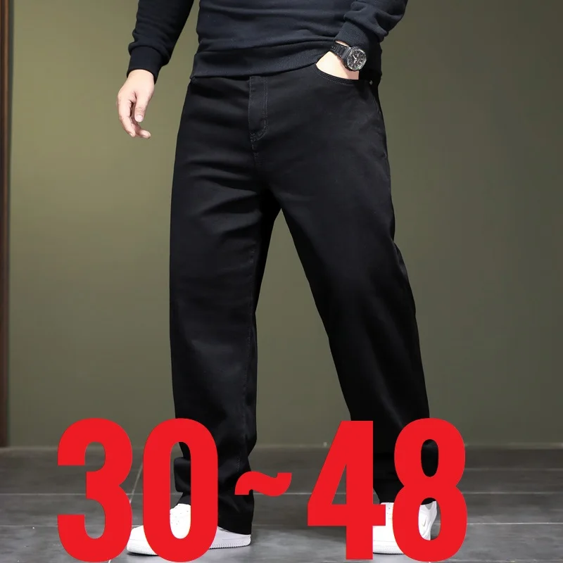 

Extra Large Size 48 Men's Jean Straight Leg Loose Denim Pant Male High Elastic Stretch Fleece Big Plus 42 44 46 150 Kg 116 Waist