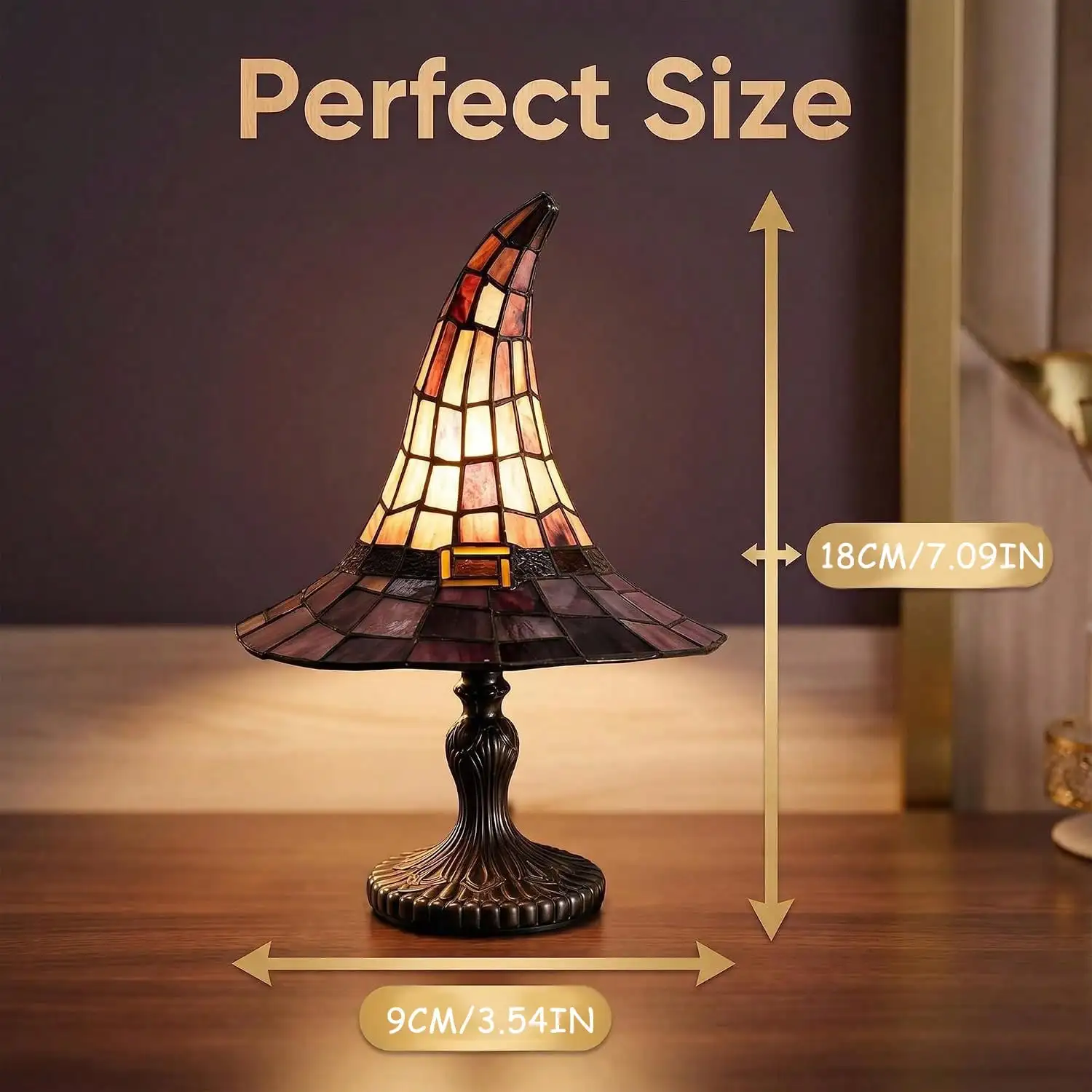 Witch Hat Lamp, USB Powered Gothic Wizard Hat Night Light, Retro Resin Accent Lamp With Purple Amber Mosaic, Halloween & Year-Round Home Decor For Bedroom & Bookshelf