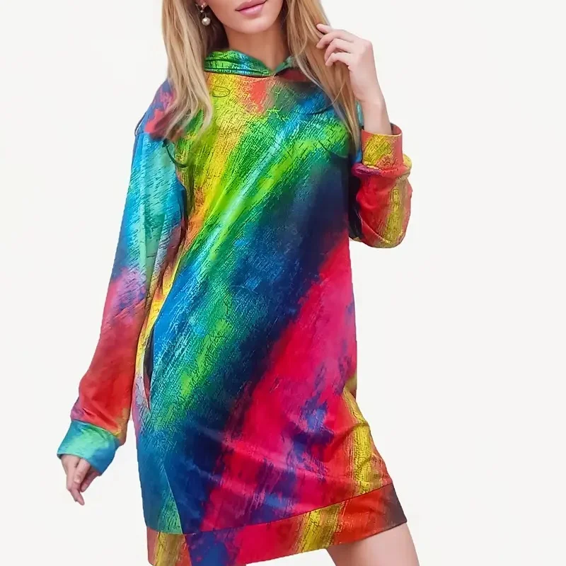 2025 spring and autumn new women's floral 3D pattern hoodie dress, a flowing long dress stylish hoodie dress