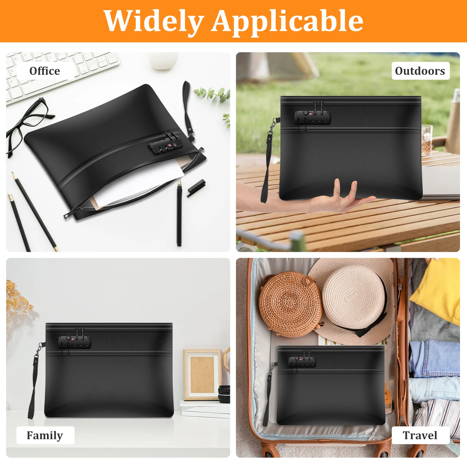 6400 ℉   ロック付き耐火書類バッグ デュアルジップコンパートメント 耐火マネーバッグ 12層断熱耐火バッグ 保護