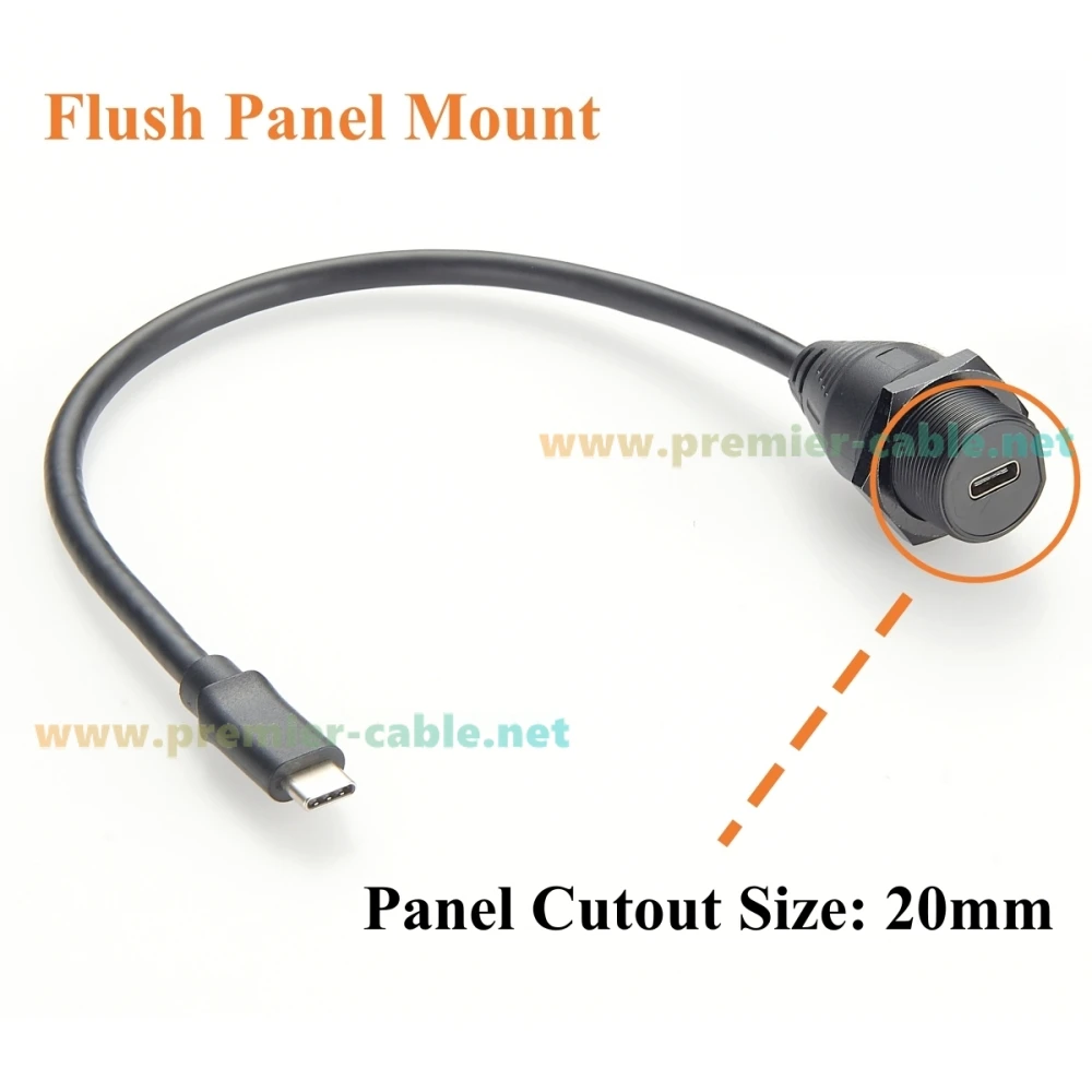 IP67 USB 3.1 Type C Male to Female Extension Cable 10Gbps 100W USB 3.1 Gen2 C Flush Threaded Panel Mount Charging & Data Cable