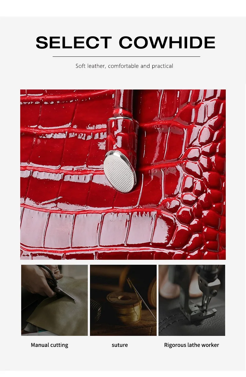 Echte Rindsleder-Handtasche mit Krokodilmuster für Damen, Glänzende Leder-Tragetasche, Tragbare Umhängetasche mit Mehreren Taschen für Pendlerinnen – Detail 6