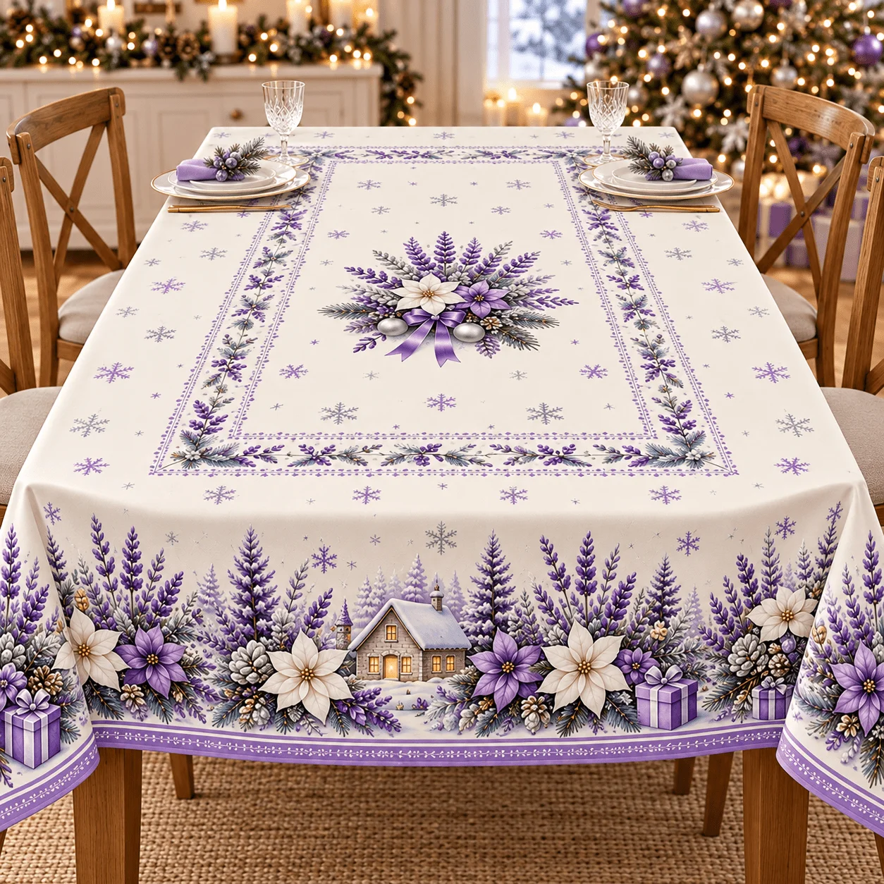 1 square tablecloth on a beige background with purple lavender, Christmas flowers, snowflakes and a warm snow cabin