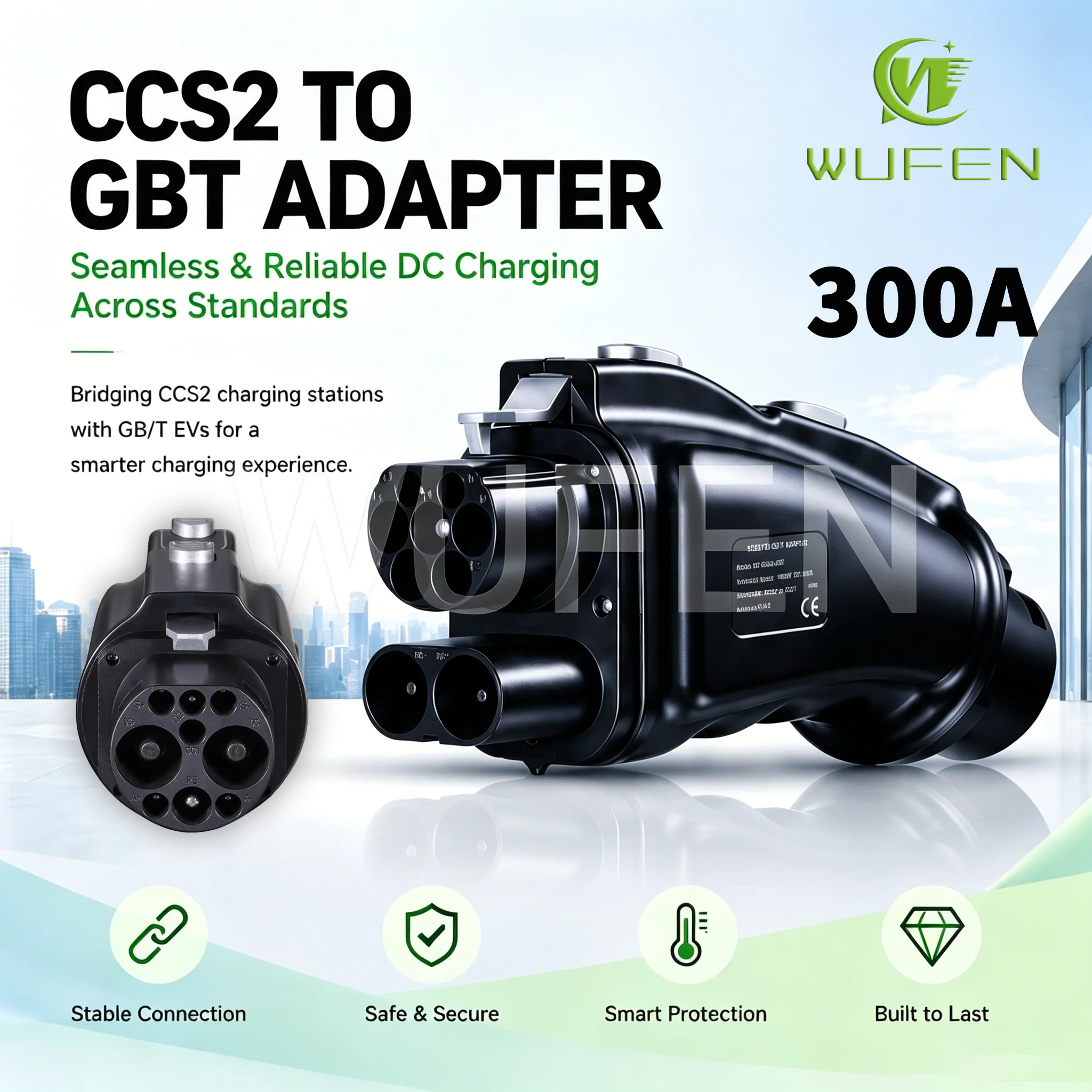 WUFEN CCS2 to GBT DC Adapter 1000V 300A 300KW EV Fast Charging Converter CCS Combo 2 to GB/T Adapter IP54 EV Charger Connector