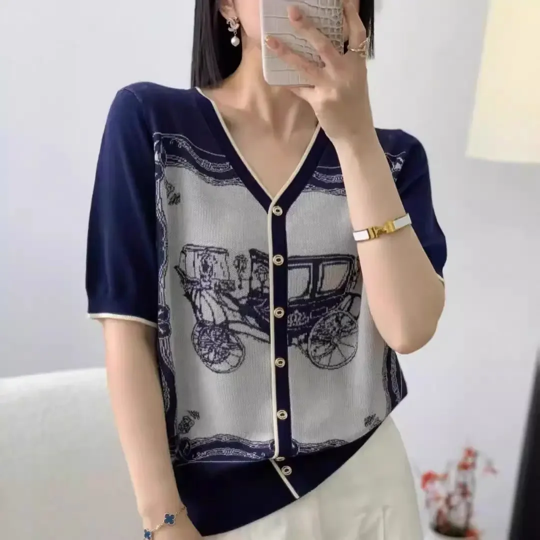 

Women's Summer New Short-sleeved T-shirt Fake Cardigan Fashionable Knitted Versatile Top