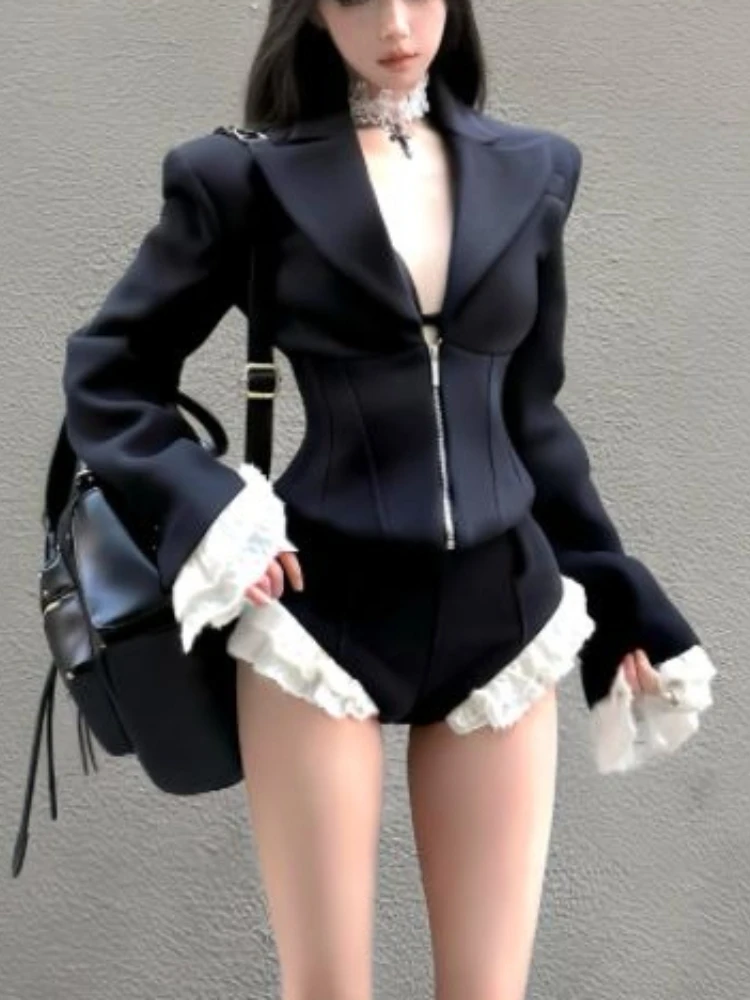 

Модные элегантные сексуальные шорты, комплекты из 2 предметов, женские облегающие куртки с v-образным вырезом, топы + кружевные шорты, вечерние уличные наряды в стиле Харадзюку