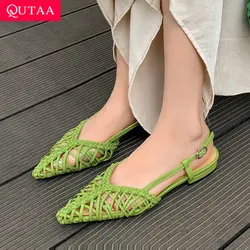 QUTAA 2024 Women Slingback Sandals Real Leather Closed Toe High Heels Dress Summer Slides Shoes Sexy Party Office  Size 34-40