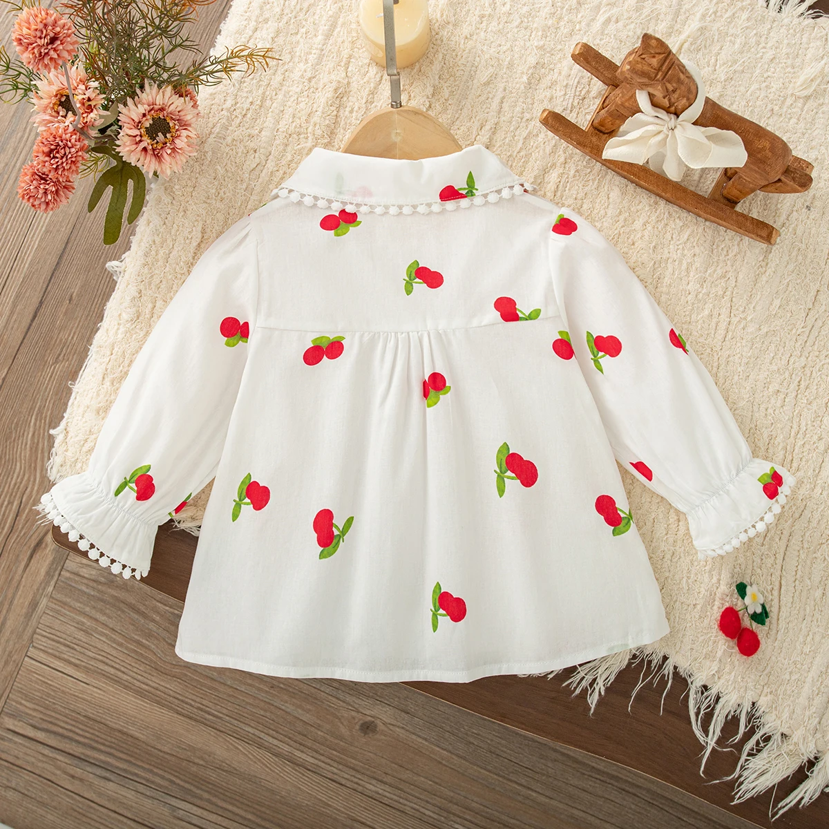Baby Tops Spring And Autumn Cotton Solid Color Cherry Lace Edge Long Sleeved Baby Girl Shirt Cartoon Cute Girl Clothing