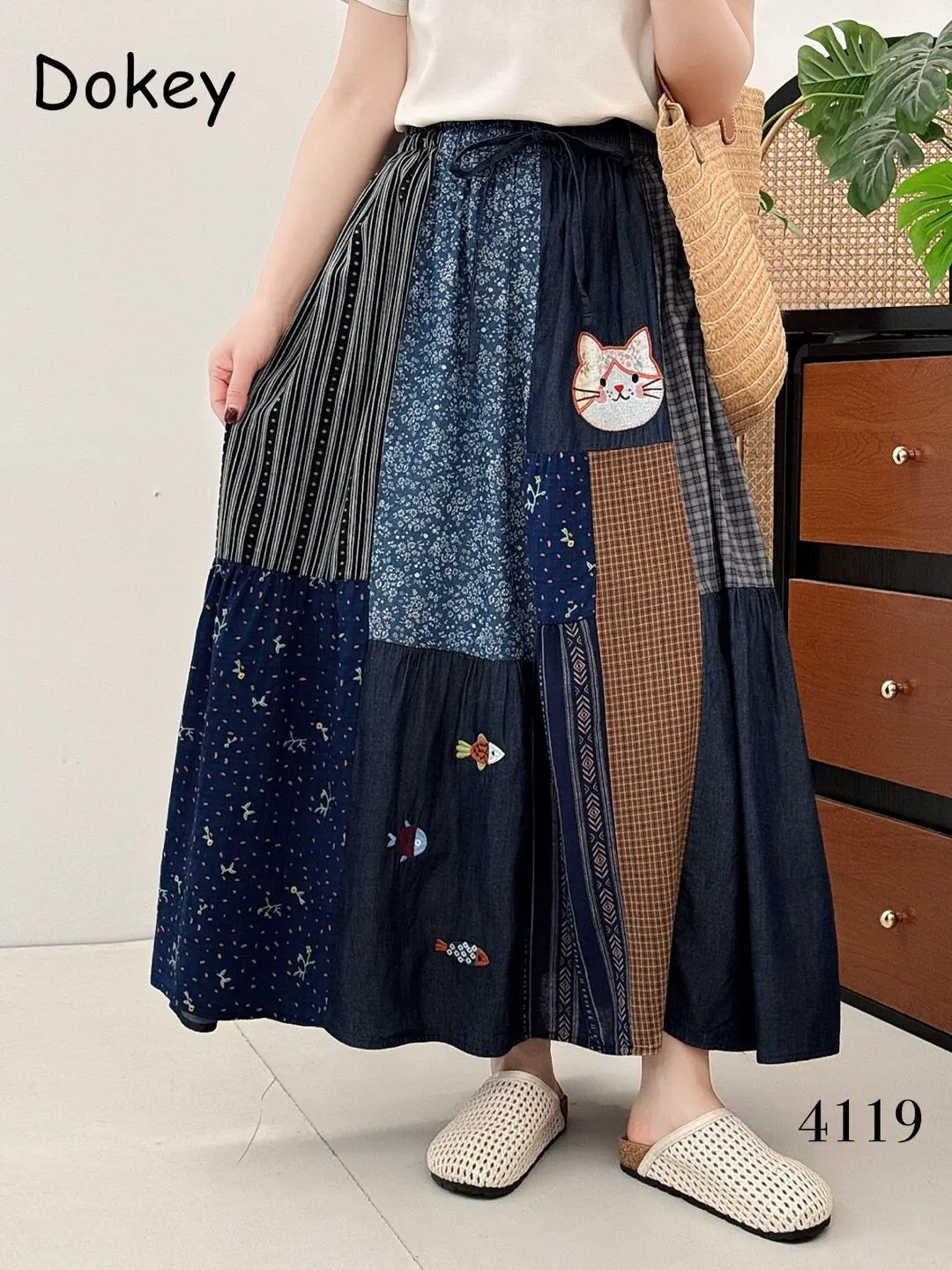 Vintage Patchwork Blue Denim Skirt Women Japanese Mori Girl Cotton Linen Long Skirt Summer Elastic Waist Midi A-Line Skirt Mujer