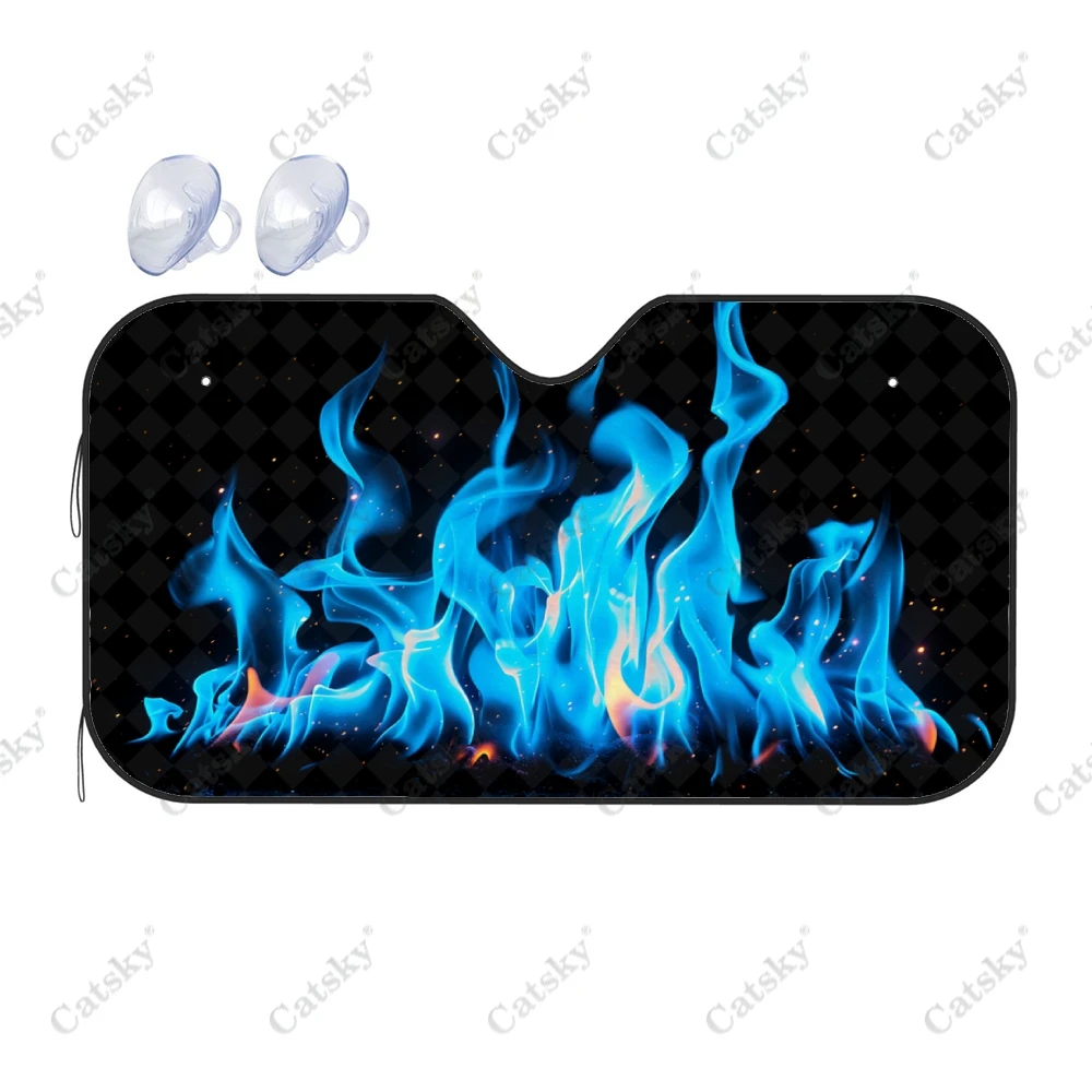 Blue Fire Burning Flame Car Windshield Sunshade, Front Auto Car Windshield Sun Shade Blocks Uv Rays Sun Visor Protector