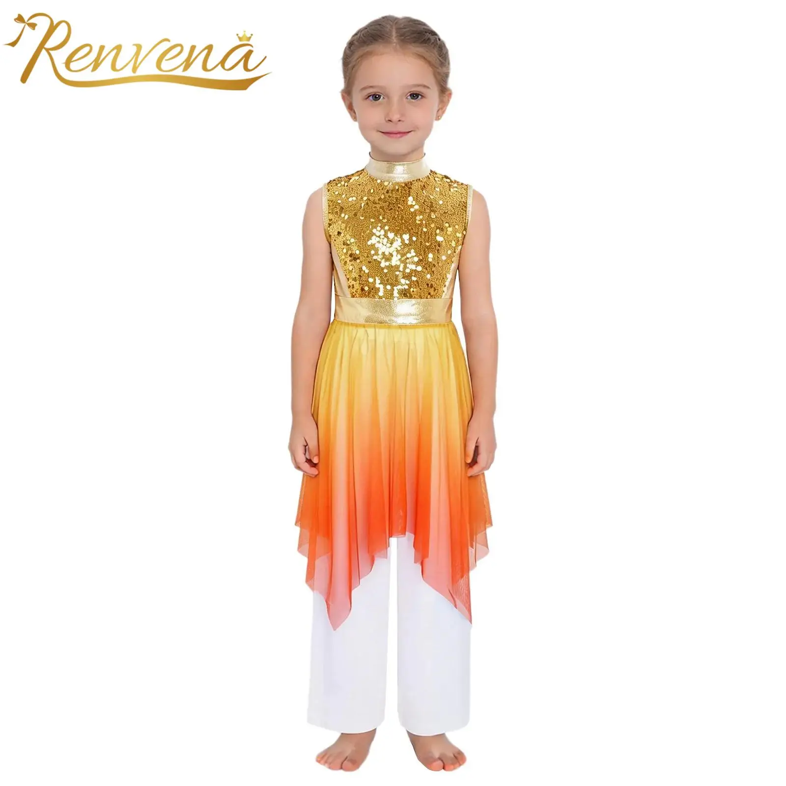 

Kids Girls Liturgical Lyrical Dance Costume Church Worship Praise Dress Outfit Children Shiny Sequins Dress +Pants Dancewear Set