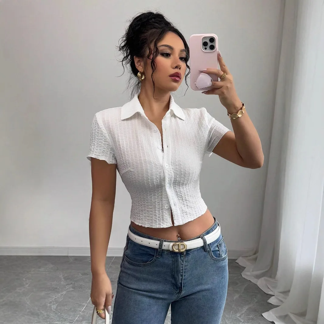 White Short-sleeved Women's Shirt, Short Style, 2026 Summer New Model, Slim Fit, Waist-cinching, Stylish Design Y2k、 Luxury
