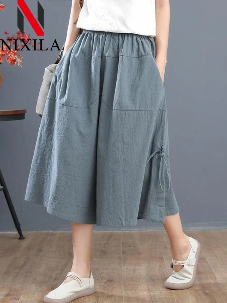 New in Women Summer Cotton Pants High Waist Wide Leg Retro Cropped Trousers Casual Loose Korean Fashion Pants for Women Bottoms