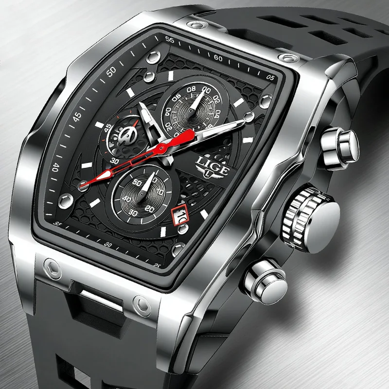 LIGE Silicone Watch Fashion Sports Waterproof Quartz Watches Calendar Luminous Men's Watch Luminous Chronograph Watches for Man