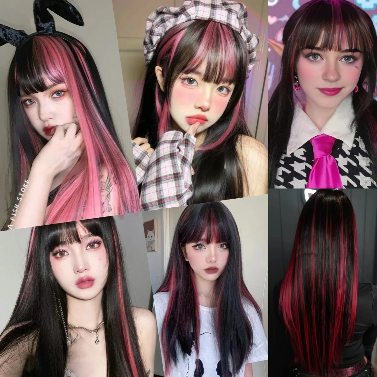 Schwarze Highlight-Rosa-Synthetik-Perücke mit Pony, lange gerade schwarze Highlight-rote Perücke für Frauen, Cosplay, Party, Weihnachten, 66 cm – Detail 1
