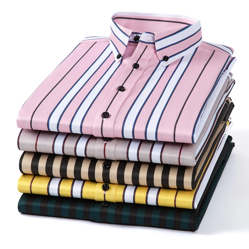 Men Spring Summer Comfortable Vertical Striped Strech Mens Dress Shirts Long Sleeve Soft Business Work Shirt  No Pocket Male