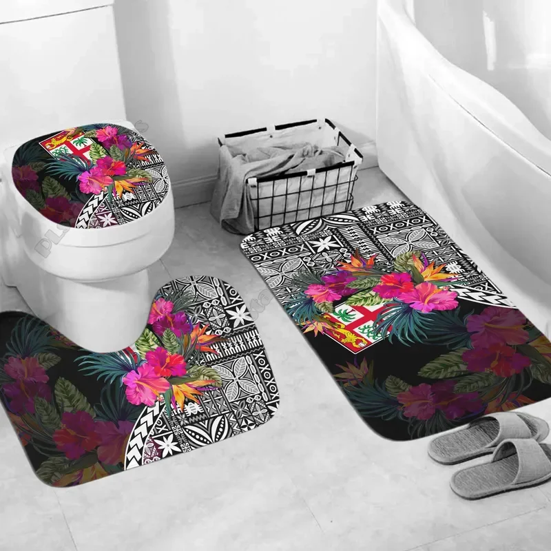 Fiji Bathroom Set Polynesian With Hibiscus Three-piece set 3D printed Bathroom Pedestal Rug Lid Toilet Cover Bath Mat Set