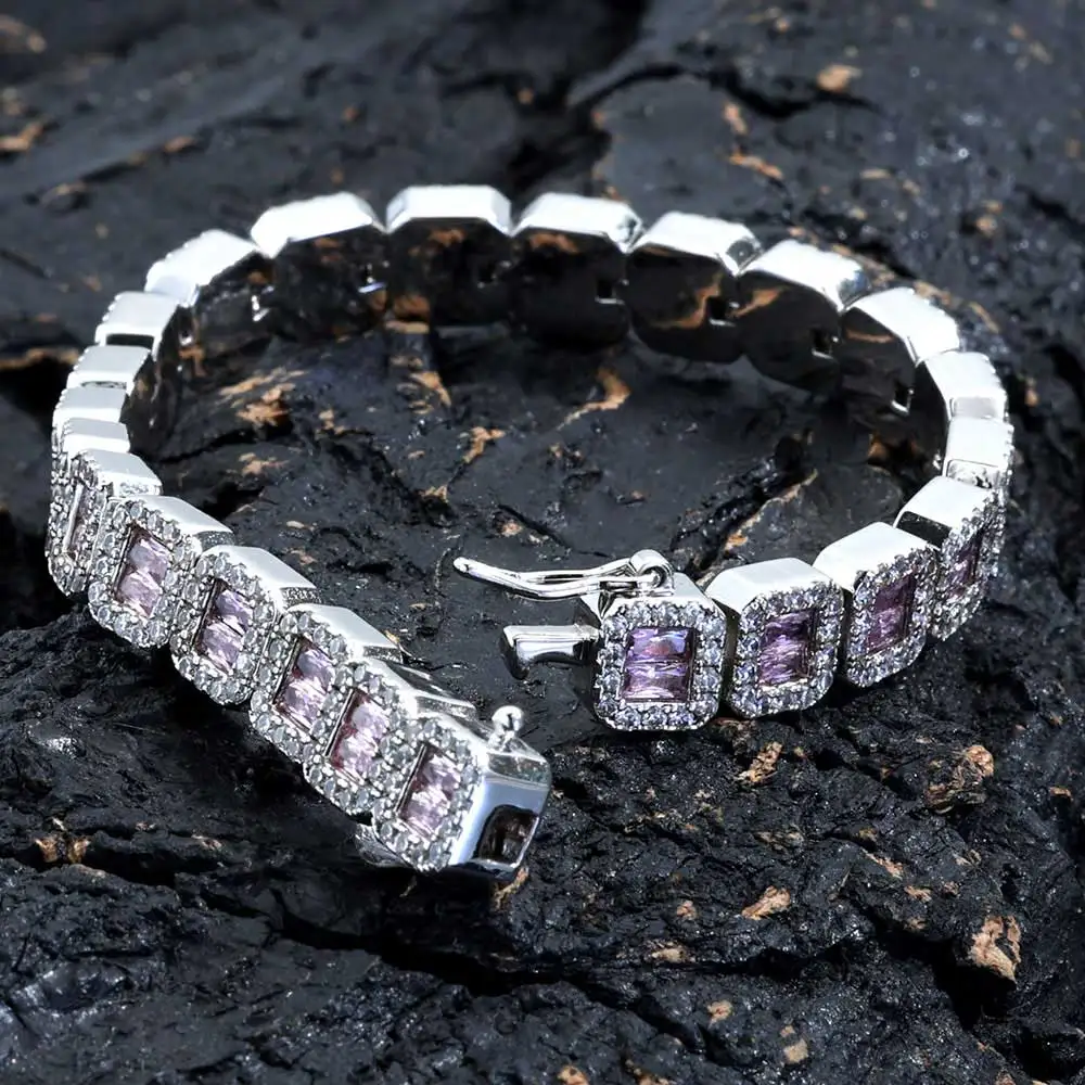 

Hip Hop 8mm Square Diamond Brass Baguette Tennis Bracelet 18K Gold Plated Iced Out CZ Tennis Chain Jewelry For Men