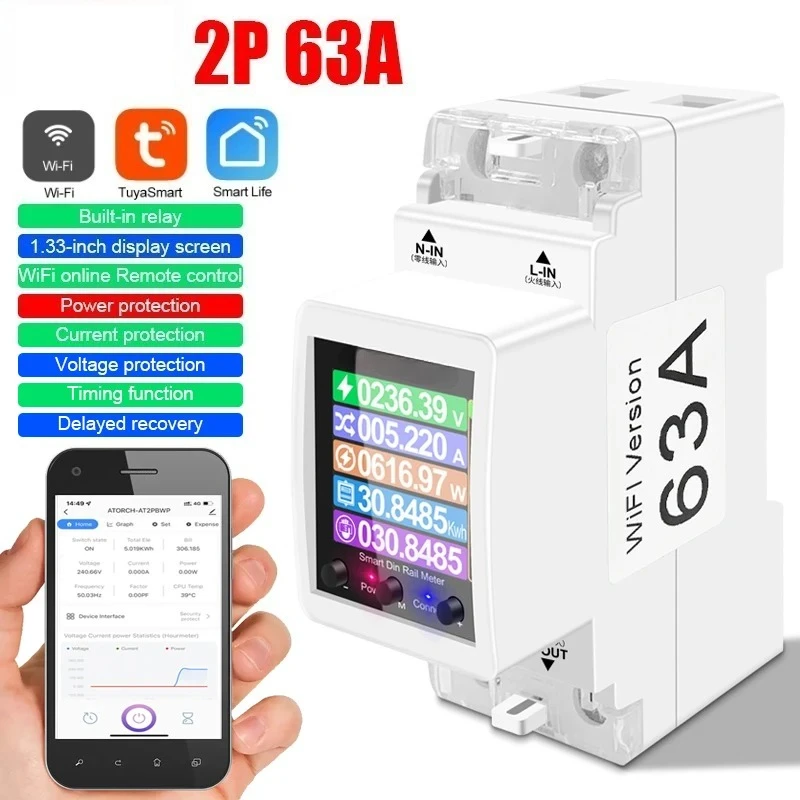 2P 63A Tuya WIFI Smart Switch Circuit Breaker Energy Meter KWh Power Metering Timer Relay Remote Control Smart Life APP