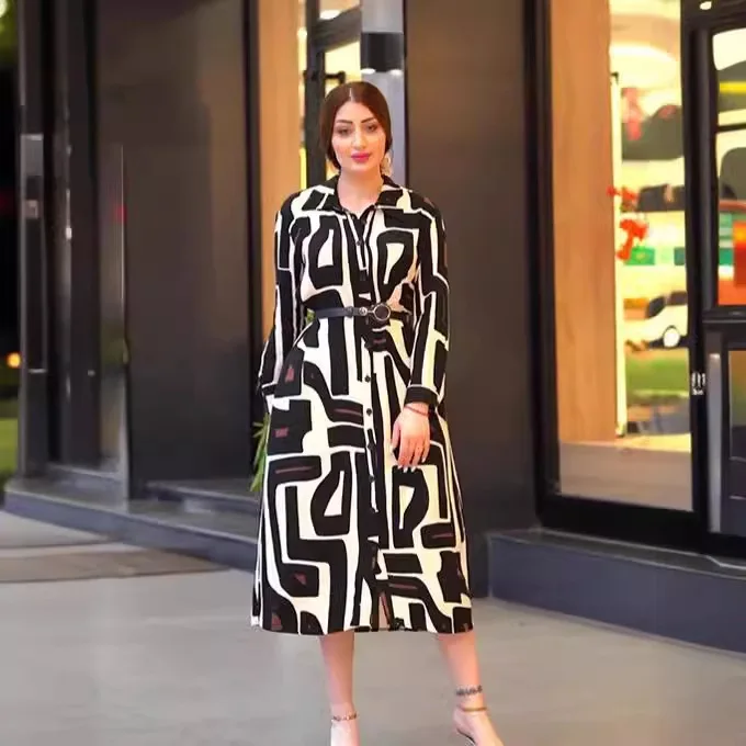 Large Size Muslim Dress Women Printed Shirt-collar Dress for Women Long Sleeve Morocco Party Dresses Evening Islam Dubai Abaya