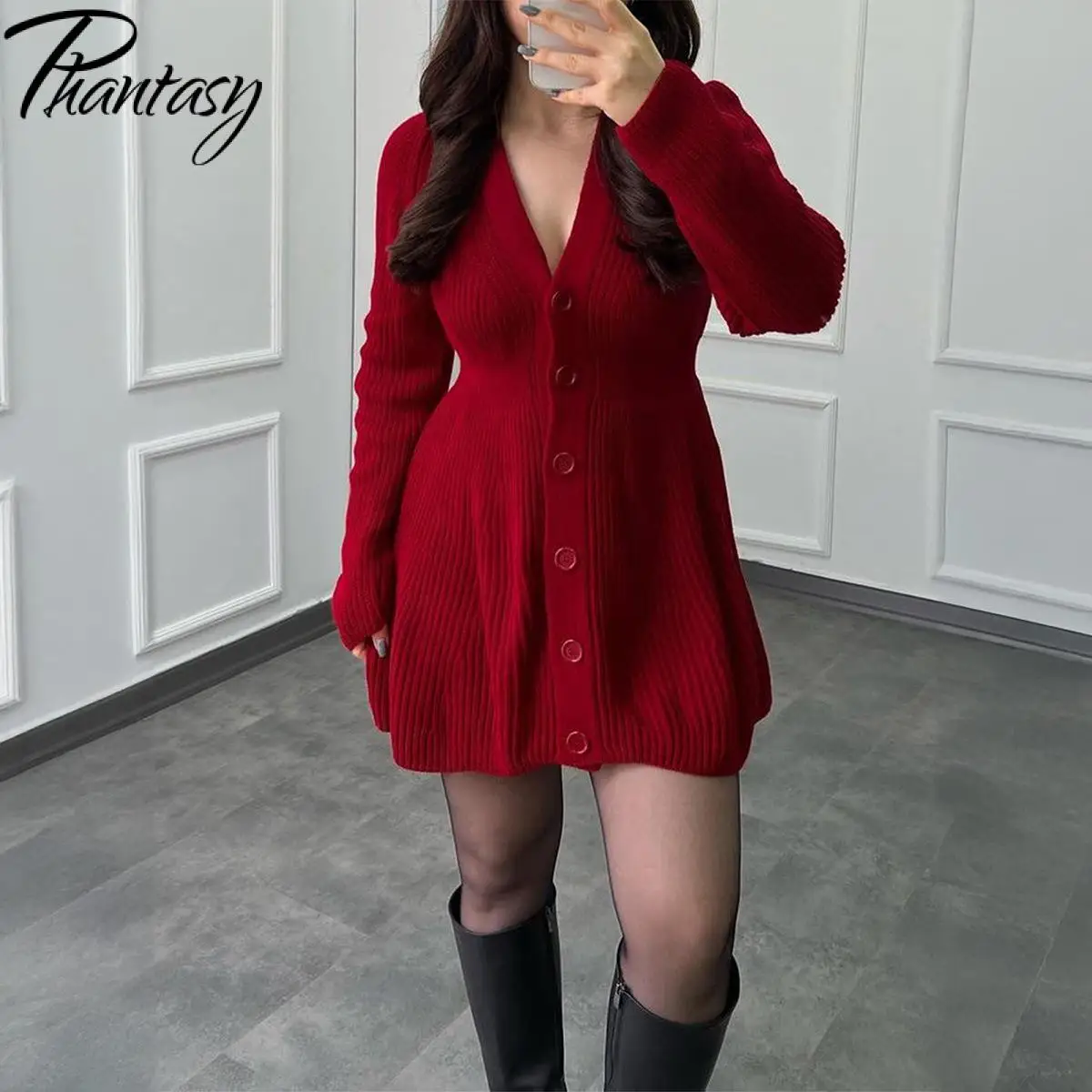 

Phantasy Fashion A-Line Knitted Dress Autumn Winter Casual Solid Color Long Sleeved Sweater Dress V-Neck Womens Dresses