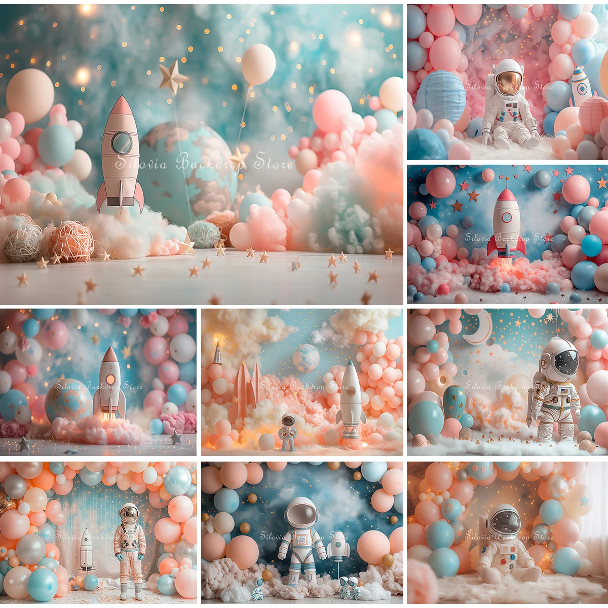 

Astronaut Cosmic Photo Background Kids Birthday Cake Smash Photo Studio Props Pastel Pink And Blue Balloon Photography Backdrop