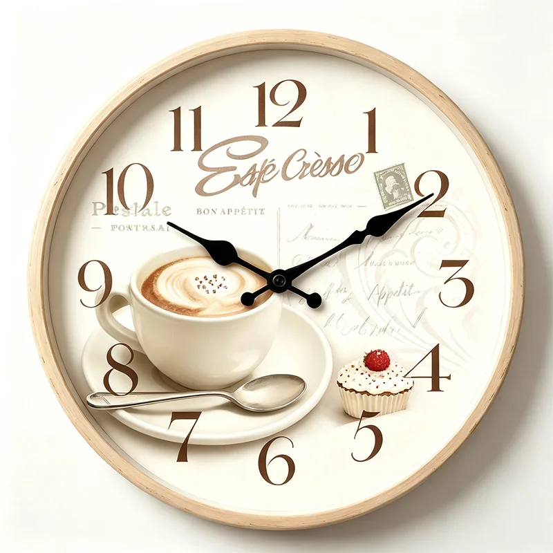Cafe Coffee Cup Wall Clock Silent Non‑Ticking Round Wooden Frame Wall Watch Latte Cup Dessert Postcard Print Retro Kitchen Dining Room Home Wall Decor Gift