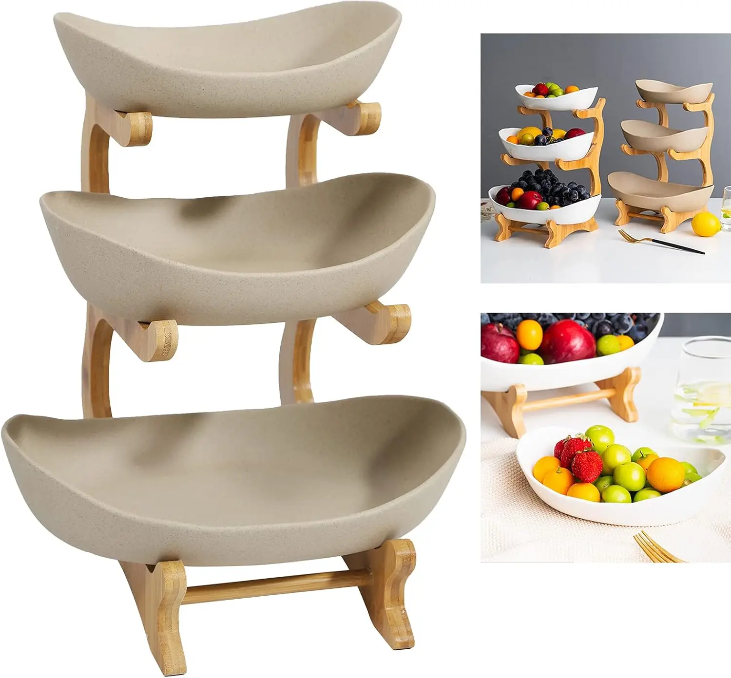 

3-х уровневая керамическая однотонная подставка для фруктовых тарелок с подставкой из бамбукового дерева, кухонная столешница, фарфоровая поднос для чаши для хранения овощей