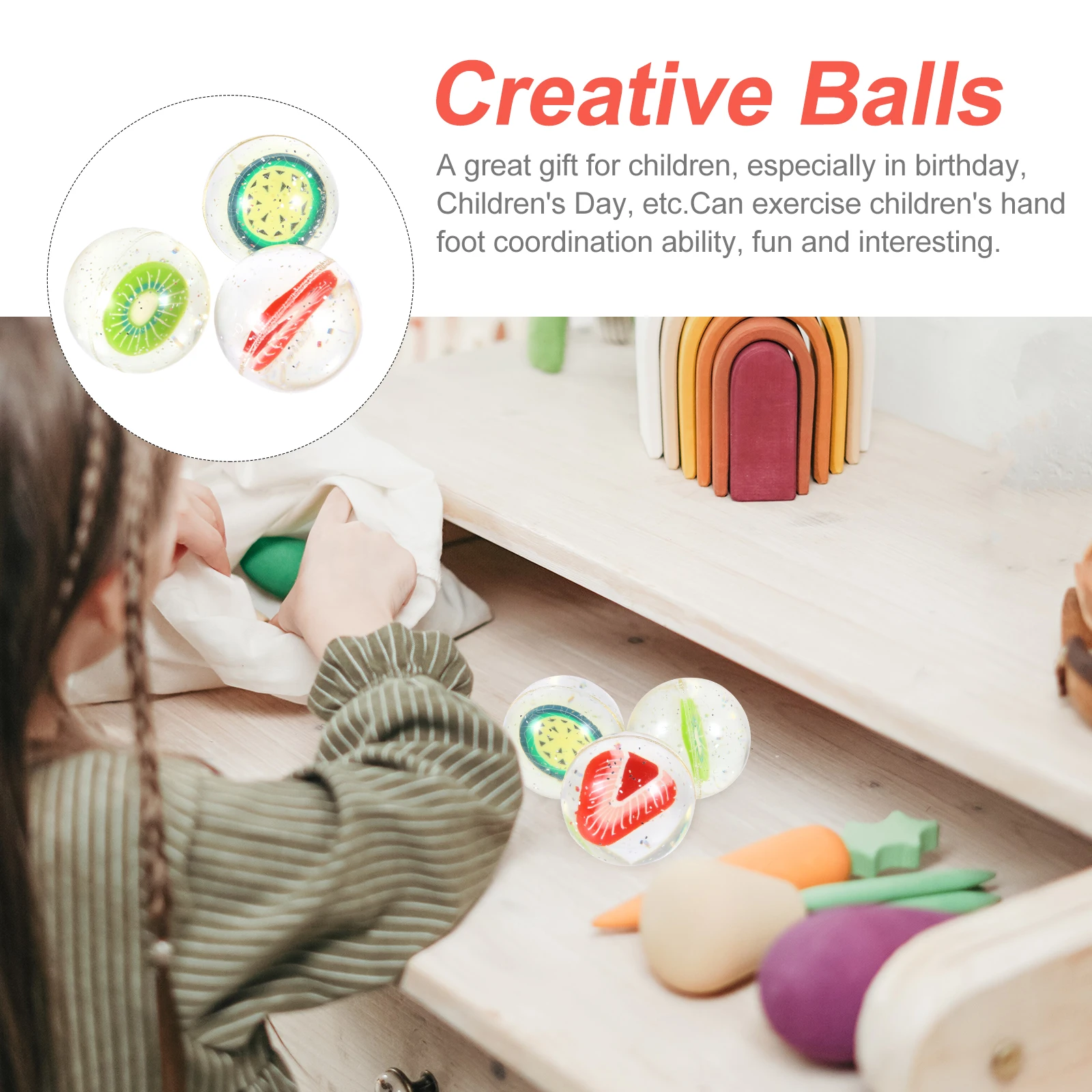 

3pcs Fruity Bouncing Ball Eco-Friendly Educational Toy Kids Coordination Color Recognition Playtime Party Favors School Recess