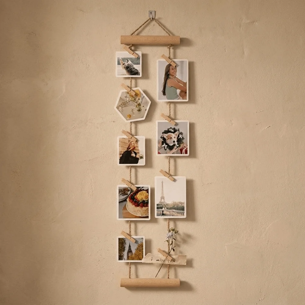 Nordic Style Hanging Photo Display Minimalist Handcrafted Wooden Hanging Photo Clip with Clips Decorative Wall Decoration Frame