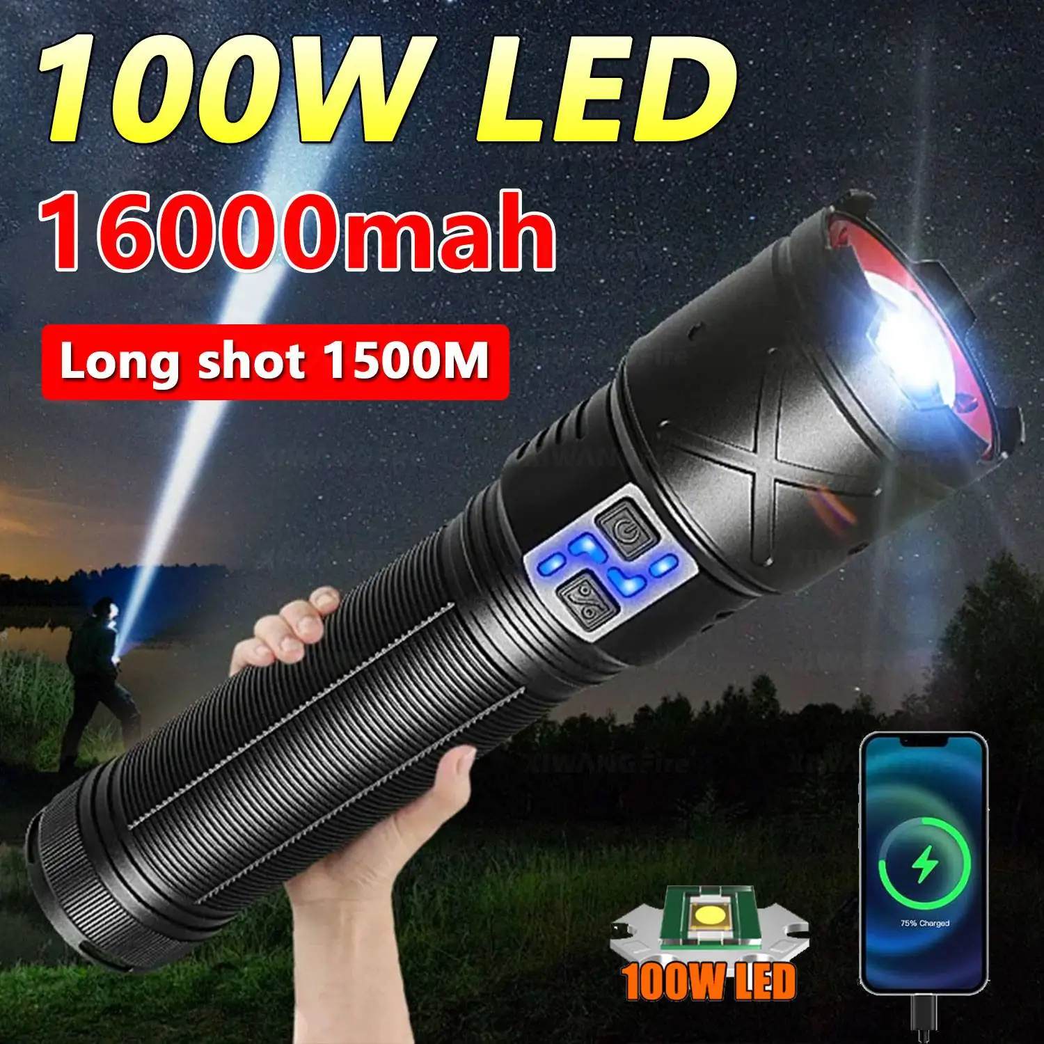 

Новый фонарик высокой мощности, 5 режимов освещения, внешний аккумулятор 16000 мАч, USB перезаряжаемый зум, 100 Вт, светодиодный фонарик дальнего действия, 1500 м