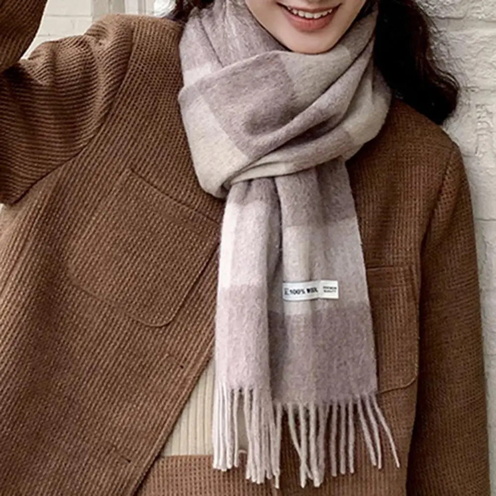 

Зимний толстый шарф из 100% шерсти для женщин, универсальный теплый мягкий клетчатый платок для шеи, теплый корейский уличный лыжный походный морозостойкий шарф