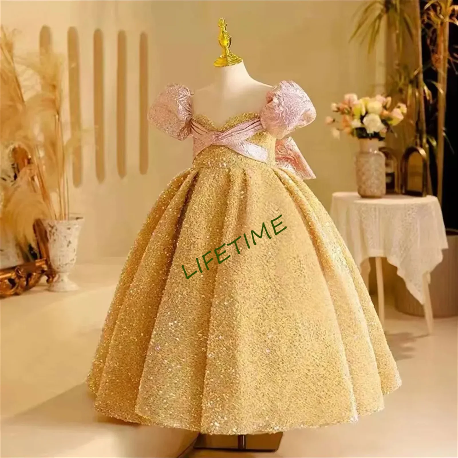 CustomizedSparkly Arabic Gold Girl Dress with Bow Dubai Kids Princess Birthday Wedding Party First Communion Ball Gown