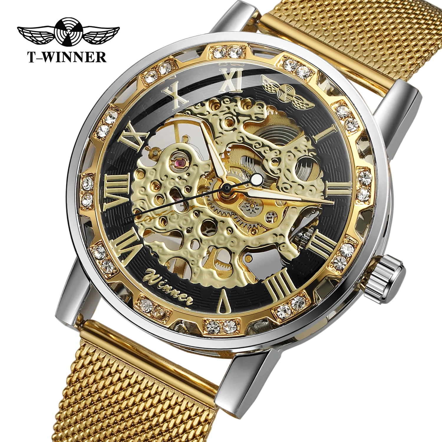 T-WINNER Classic Roman Numerals Mens Watches Engraving Skeleton Mechanical Luminous Pointers Rhinestone Mesh Band Man Wristwatch