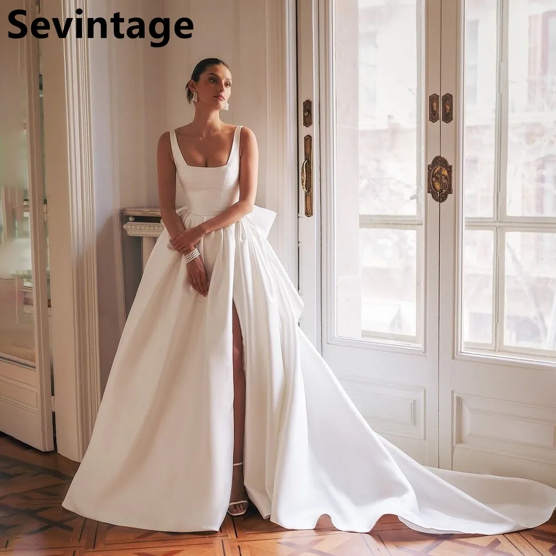 

Sevintage 2025 Square Neck Satin A Line Ivory Wedding Dress Elegant Side Slit Bridal Gowns Customized