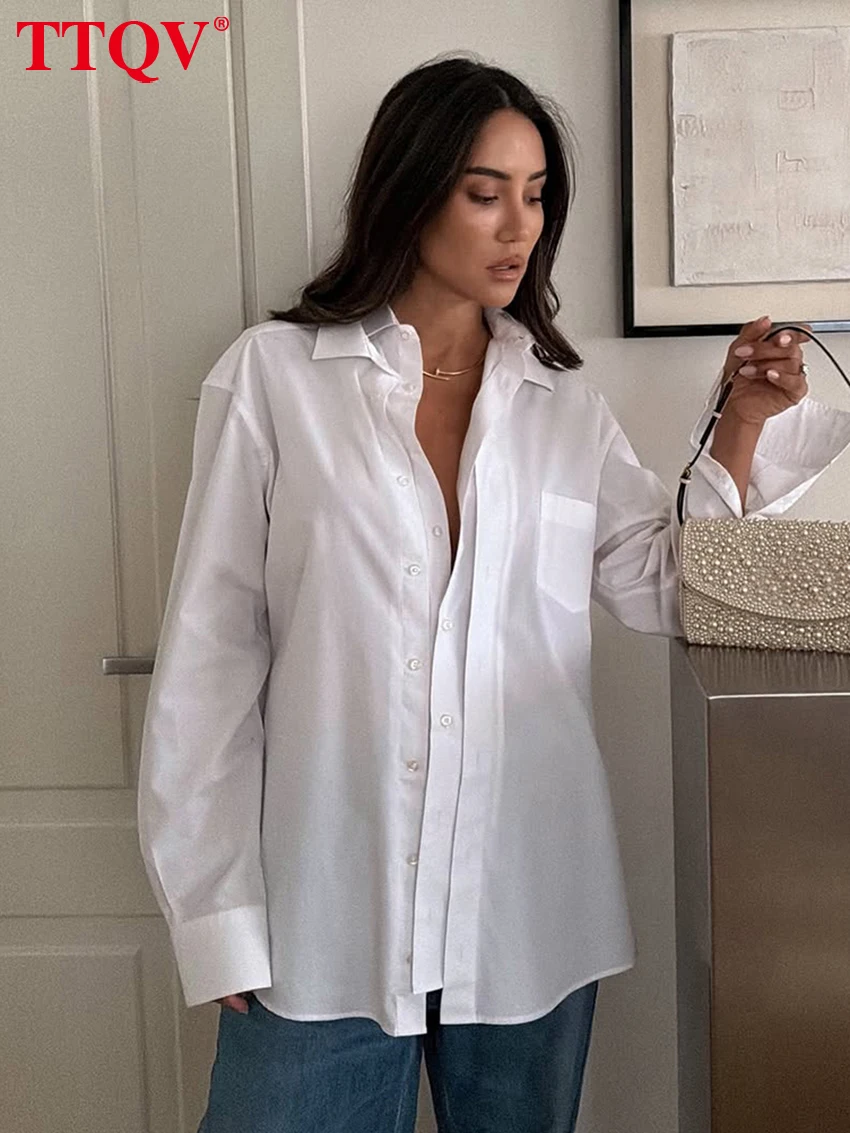 

TTQV Fashion Loose White Cotton Women's Shirt 2026 Casual Lapel Long Sleeve Blouse Elegant Classic Solid Top Female Clothing