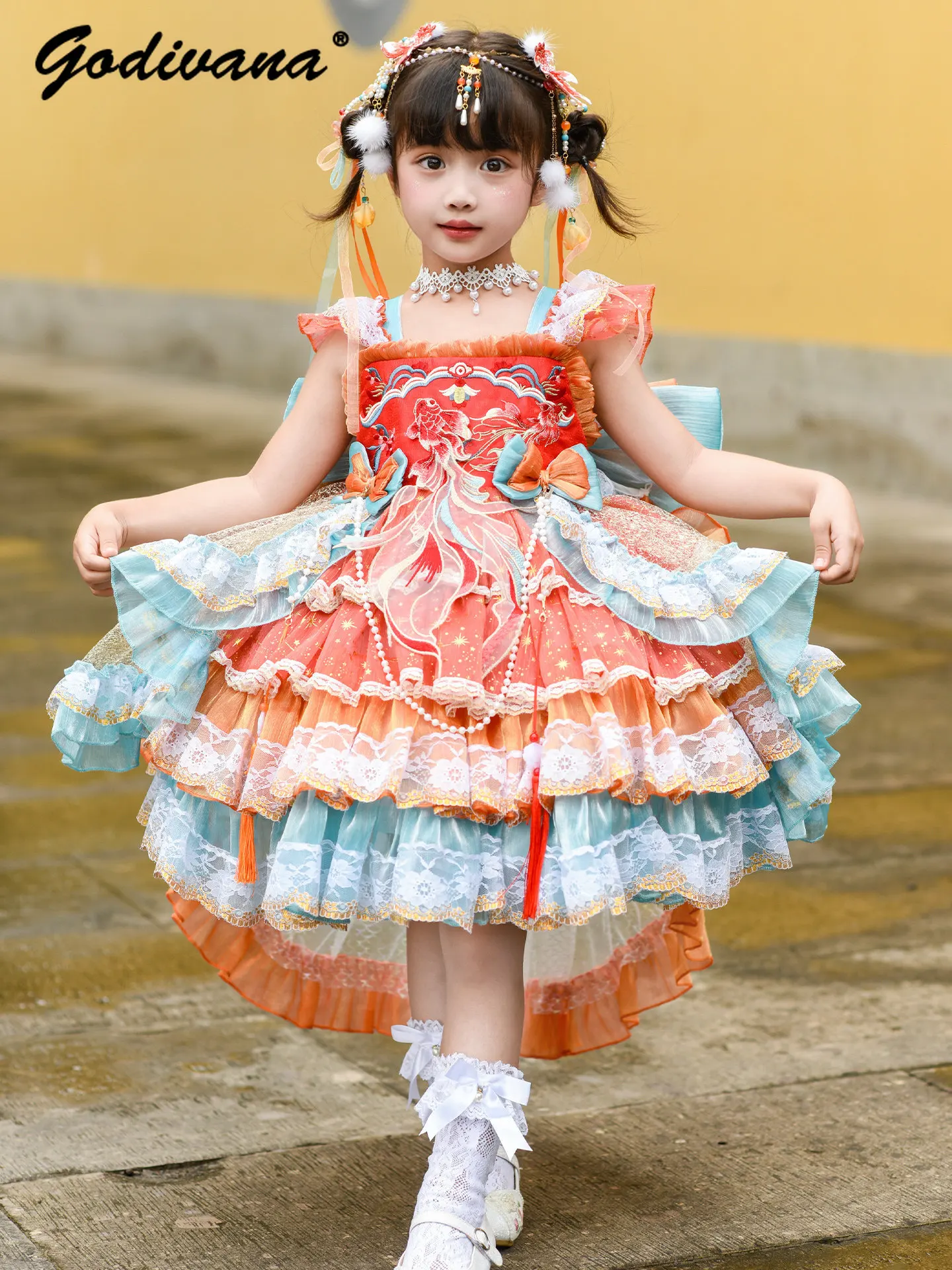 Sweet Little Girls Hanfu Lolita Princess Dress Childrens High End Heavy Chinese Style Embroidery Print Birthday Slip Cake Dress