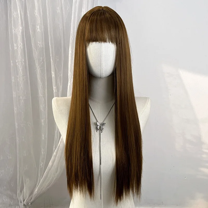 Colored Flat Bangs Long Straight Synthetic Wig for Women