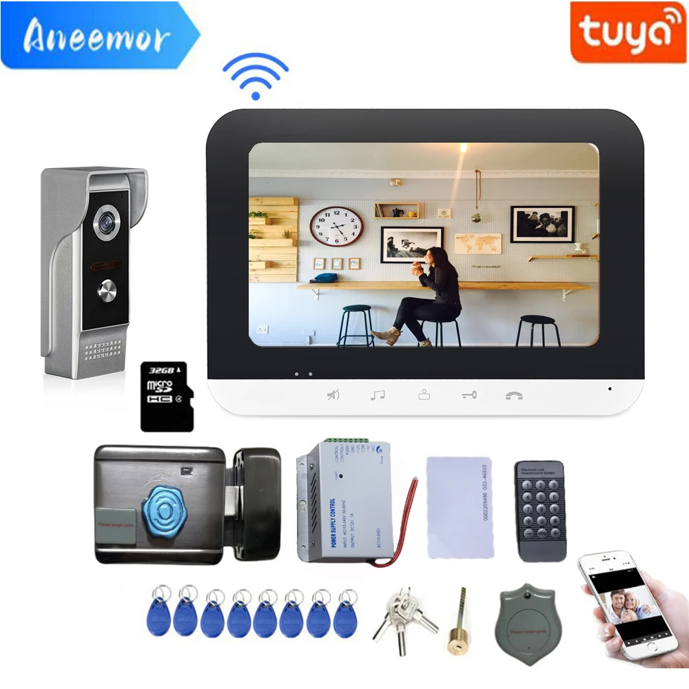 WiFi Video Intercom com Bloqueio, Fonte de Alimentação 3A, Campainha ao ar livre, Câmera sem fio, Tuya Telefone Visual para Segurança Doméstica, 7\