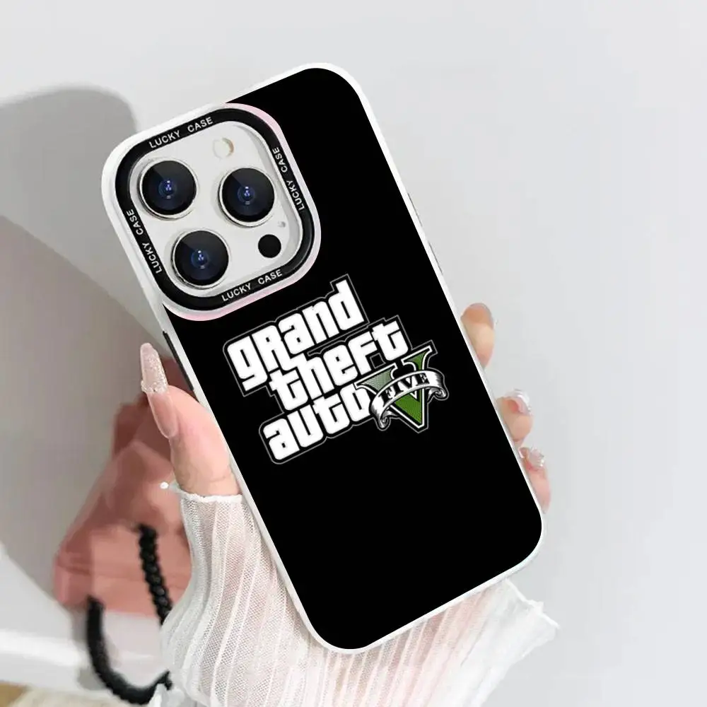 حافظة هاتف Grand Theft Auto GTA 5 ليزر IMD لون فضي شل لهاتف آيفون 17 16 15 14 13 12 11 Air Pro Max Plus