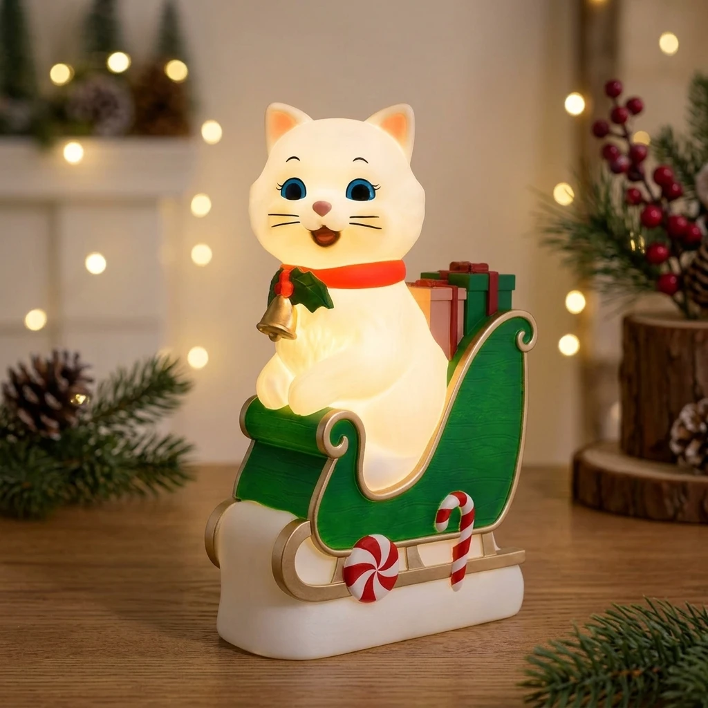 USB Powered LED Resin Christmas Cat Sled Table Lamp, 1 Piece, 20 by 12 cm Festive Decorative Figurine with Soft Warm Light, Hand