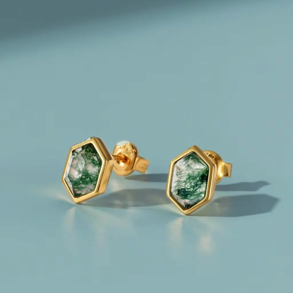 

Women's Hexagon Cut Moss Agate Earrings Studs Gold Plating Push Back Earring Studs for Wedding Anniversary