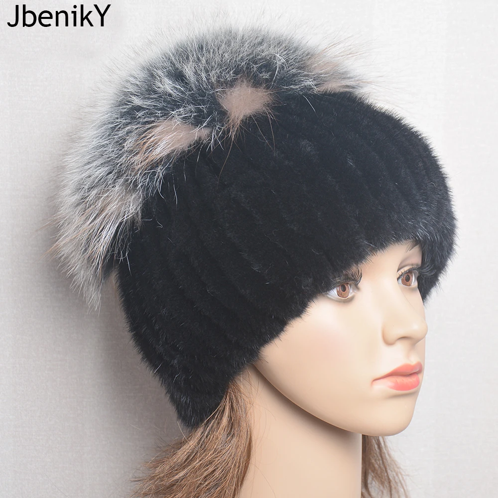 

Hot Sale Fashion Lady Real Mink Fox Hat Winter Warm Women Knitting Caps Mink Hats Vertical Weaving With FOX Fur On The Top