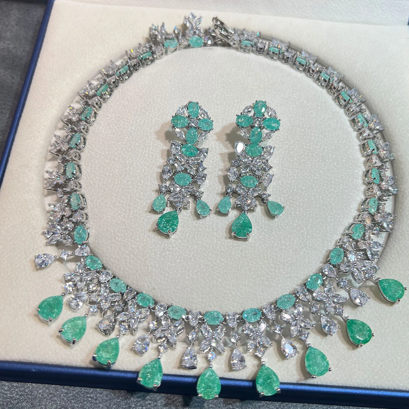 2‑Pcs Jewelry Set Necklace Drop Earrings Pear Cut Multi‑Color CZ Crystal Tassel Statement Wedding Banquet Jewelry for Women