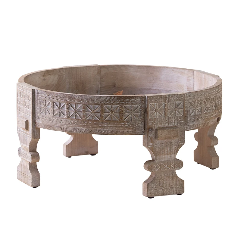 

Handmade solid wood coffee table retro small round table old carved garden shaped living room sofa side table
