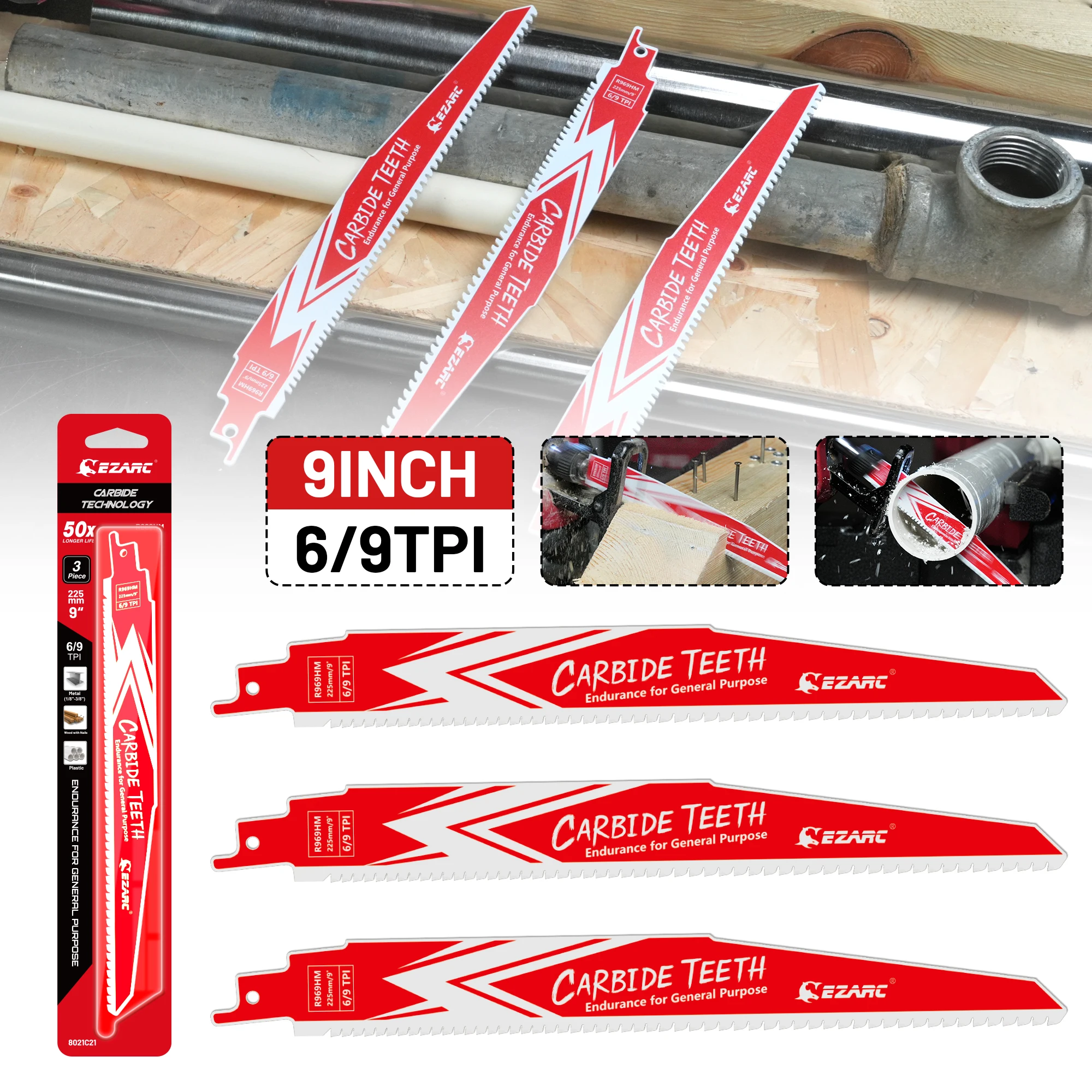 EZARC 3-Pieces Carbide Reciprocating Saw Blades 9-Inch 6/9TPI All-Purpose Cutting Blades 225mm for Wood, Metal, Plastic, Tubing