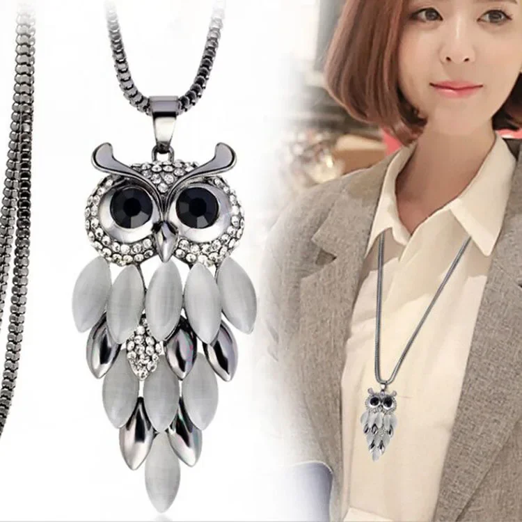 2026 New Fashion Sweater Chain Crystal Opal Owl Necklace Long Women's Autumn and Winter Clothes Pendant Accessories